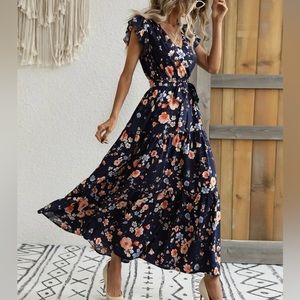 Navy floral flower length dress